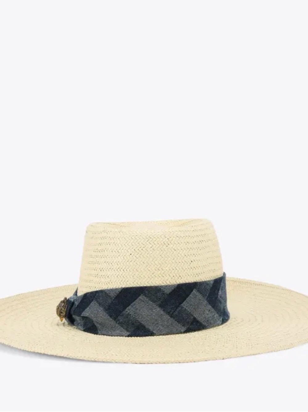 Kurt Geiger Kensington Wide-Brim Straw Fedora Hat with Navy Denim Band